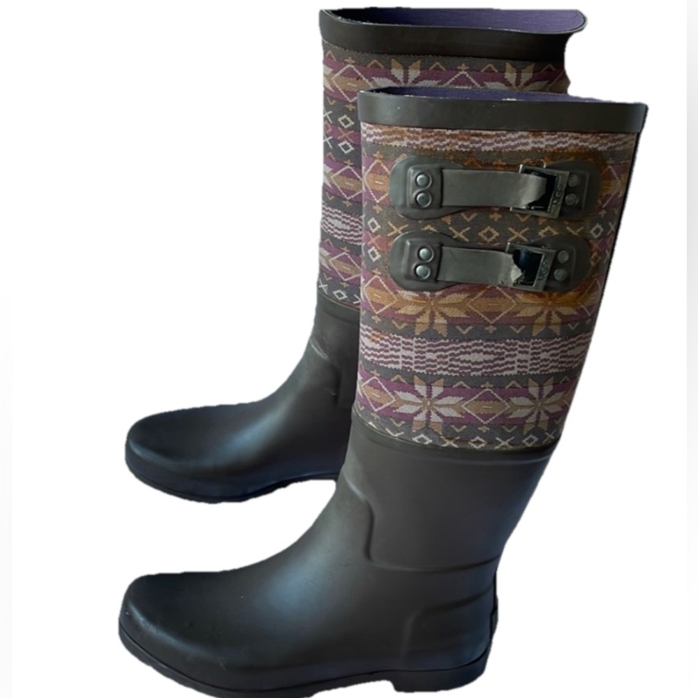 Ugg Sabene Tall Brown Fair Isle Rain Rubber Boots Size 7